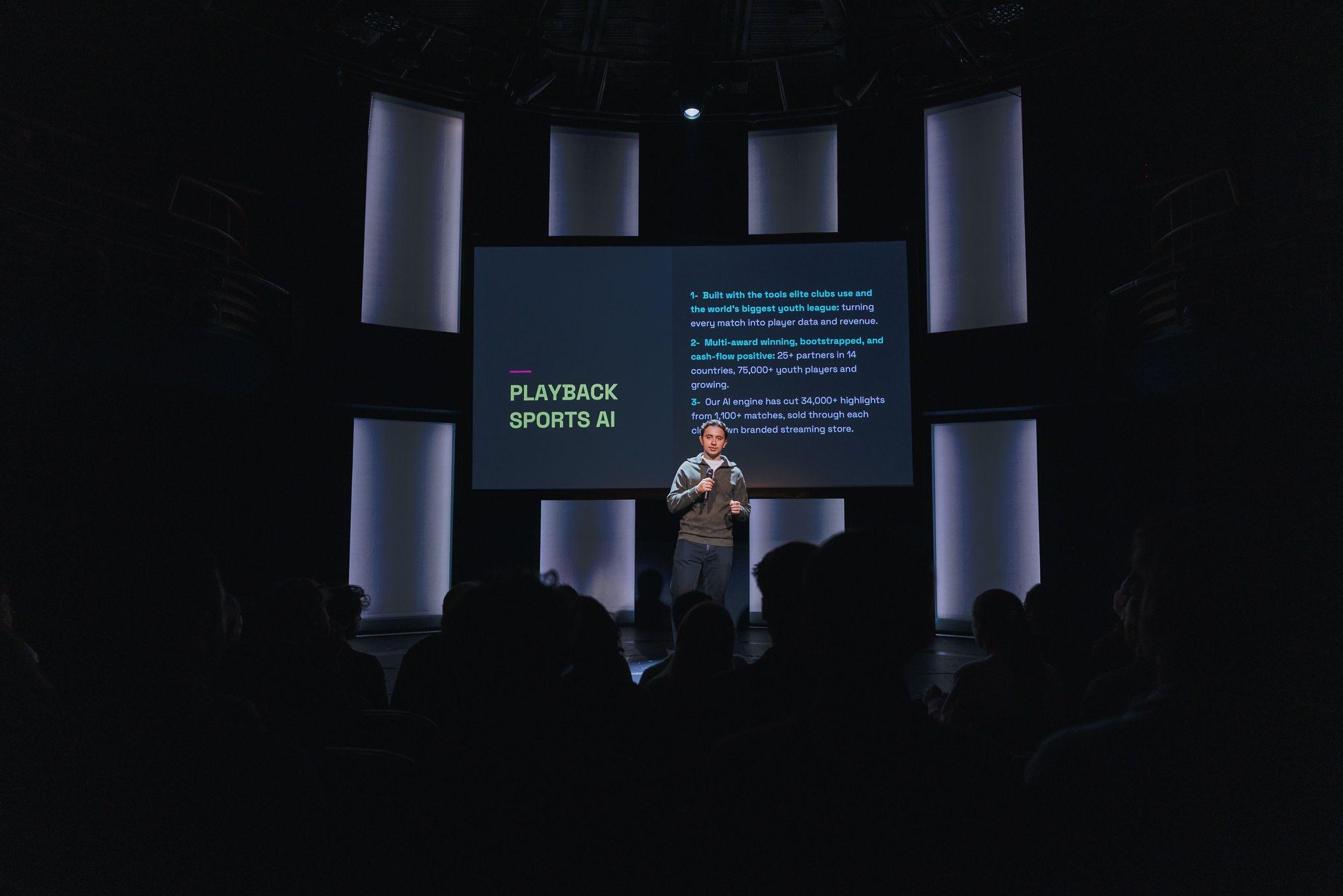 Karim Fawaz pitching PLAYBACK to a packed room at Onstage W26 Demo Day